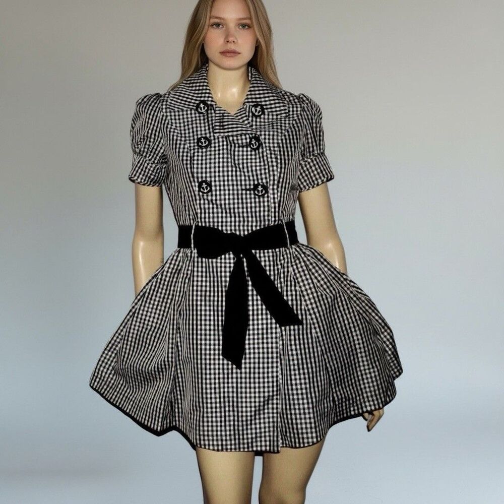 XXI TWIST NEW SZ M  WRAP MINI  CHECK DRESS ANCHOR BUTTONS PIN UP RETRO nautical